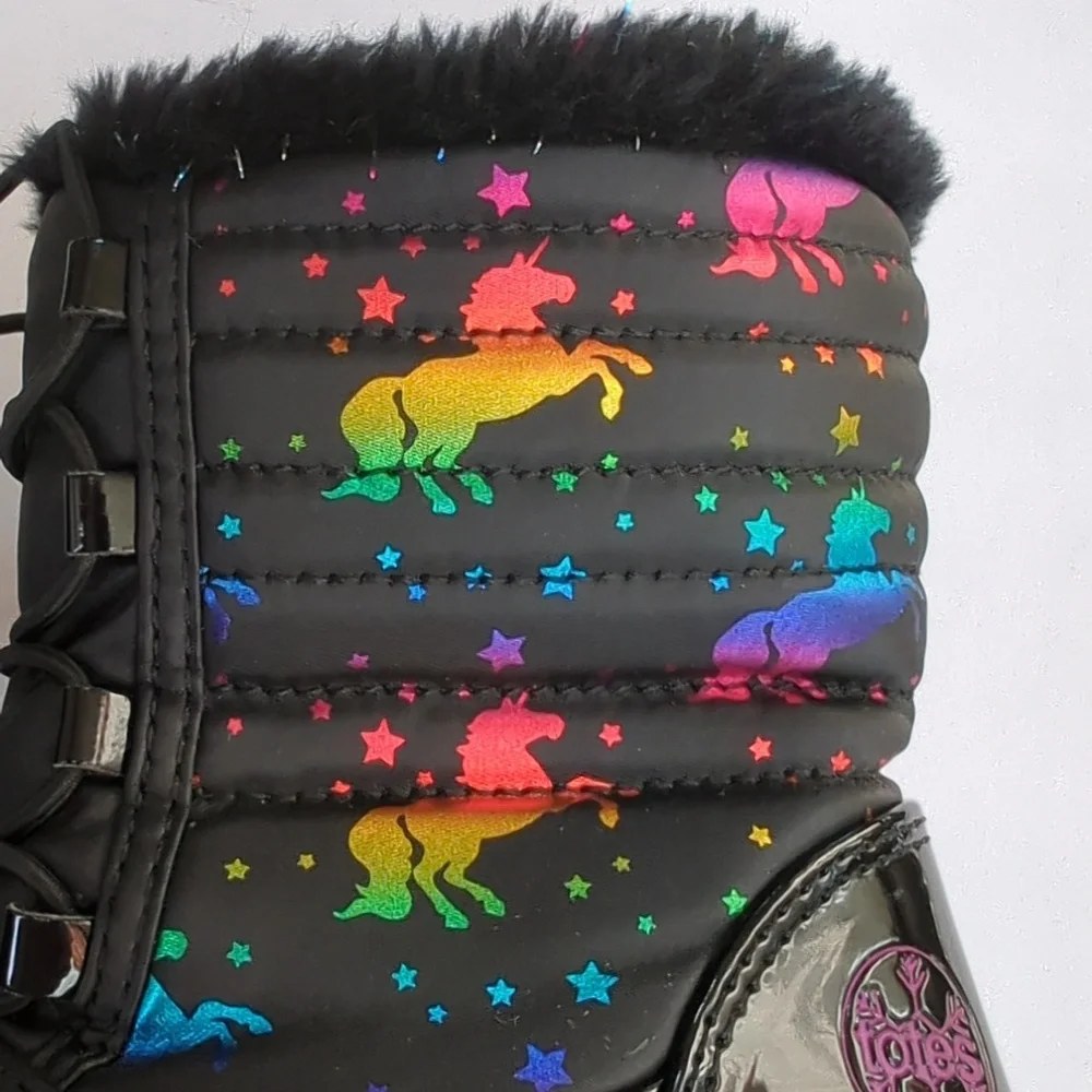 Totes, Black iridescent rainbow unicorn boots. Toddler size 10